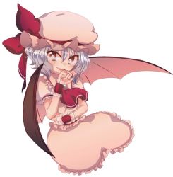 Rule 34 | 1girl, bad id, bad pixiv id, cream (nipakupa), fang, female focus, hat, no legs, red eyes, remilia scarlet, simple background, smile, solo, touhou, white background, wings, wrist cuffs