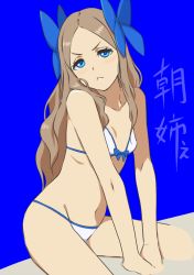 Rule 34 | 1girl, asakaze (kancolle), bikini, blue background, blue eyes, bow, bow bikini, closed mouth, commentary request, from side, frown, hair bow, half-closed eyes, head tilt, kantai collection, kuroi ani, long hair, looking at viewer, scowl, simple background, sitting, solo, spread legs, string bikini, swept bangs, swimsuit, v-shaped eyebrows, wavy hair, white bikini