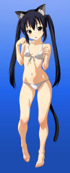 Rule 34 | 00s, 1girl, absurdres, animal ears, barefoot, bikini, blue background, blue hair, blush, brown eyes, cat ears, cat girl, clenched hands, collarbone, dot nose, fake animal ears, feet, female focus, fingernails, flat chest, front-tie bikini top, front-tie top, full body, gradient background, hair between eyes, hands up, highres, k-on!, long hair, looking at viewer, nakano azusa, navel, norizou type-r, simple background, solo, standing, swimsuit, tail, toenails, toes, twintails, very long hair, white bikini