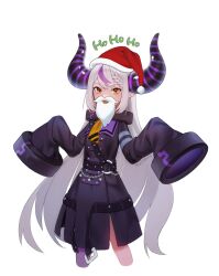 Rule 34 | 1girl, ahoge, braid, chain, coat, cropped legs, daya (13urntsienna), fake beard, fake facial hair, fake mustache, hands up, hat, highres, hololive, horns, la+ darknesss, long hair, looking at viewer, multicolored hair, o-ring, open mouth, pointy ears, purple coat, purple thighhighs, santa hat, sidelocks, simple background, single braid, single thighhigh, sleeves past fingers, sleeves past wrists, smile, solo, streaked hair, thighhighs, twitter username, very long hair, virtual youtuber, white background, yellow eyes