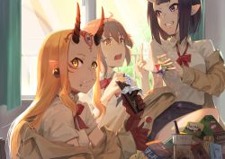 Rule 34 | 3girls, black skirt, blazer, blonde hair, bow, brown eyes, brown hair, brown jacket, bubble tea, candy, chocolate, chocolate bar, closed mouth, collared shirt, commentary, cup, curtains, disposable cup, drinking straw, eating, eyebrows hidden by hair, facial mark, fang, fang out, fate/grand order, fate (series), food, food on face, forehead mark, fujimaru ritsuka (female), grin, hair between eyes, highres, holding, holding candy, holding food, holding lollipop, horns, ibaraki douji (fate), indoors, jacket, jhc kai, lollipop, multiple girls, off shoulder, oni, open clothes, open jacket, open mouth, orange eyes, purple eyes, purple hair, red bow, saint quartz (fate), school uniform, shirt, short eyebrows, short sleeves, shuten douji (fate), skin-covered horns, skirt, smile, thick eyebrows, v-shaped eyebrows, white shirt, window