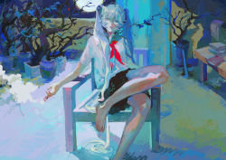 Rule 34 | 1girl, abstract, athgil, barefoot, black skirt, blue eyes, blue hair, book, chair, cigarette, curtains, hair between eyes, hatsune miku, holding, holding cigarette, indoors, long hair, moon, painttool sai (medium), parted lips, plant, potted plant, red neckwear, school uniform, sitting, skirt, smoke, smoking, solo, table, toenails, twintails, uniform, vocaloid