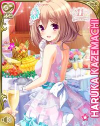 Rule 34 | 1girl, :d, anniversary, bare arms, blush, bow, brown hair, card (medium), character name, dress, girlfriend (kari), hair ornament, hairclip, indoors, kazemachi haruka, looking at viewer, night, official art, open mouth, qp:flapper, rabbit hair ornament, red eyes, short hair, sleeveless, smile, solo, tagme, white bow, white dress