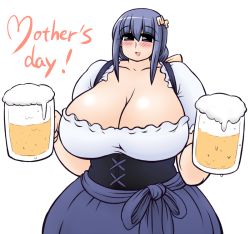 Rule 34 | 1girl, alcohol, bad anatomy, bad proportions, beer, black eyes, blue hair, breasts, cleavage, dress, esenoji, gigantic breasts, hair ornament, long hair, long skirt, nt-tan, os-tan, plump, simple background, skirt, solo, waitress, white background
