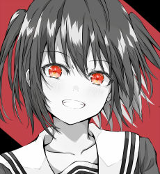 Rule 34 | 1girl, blush, collarbone, dairyo3, greyscale, grin, hair between eyes, highres, kantai collection, monochrome, portrait, red background, red eyes, sailor collar, school uniform, sendai (kancolle), serafuku, short hair, simple background, smile, solo, spot color, two side up, white background