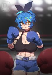 Rule 34 | 1girl, abs, aqua hair, artist logo, bare shoulders, black choker, black hairband, black ribbon, black sports bra, blue hair, blue shorts, blurry, blurry background, boxing, boxing gloves, boxing ring, breasts, character name, choker, cleavage, closed mouth, clothes writing, commentary, cowboy shot, dif (difman), difman, english commentary, eyes visible through hair, hair between eyes, hairband, hands up, highres, large breasts, light smile, looking at viewer, messy hair, midriff, mole, mole under eye, navel, original, out of frame, pov, pov hands, ribbon, short hair, shorts, signature, sports bra, standing, toned, watermark, yellow eyes