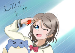 Rule 34 | 1girl, absurdres, aqua eyes, artist name, artist request, blue eyes, blush, bow, bowtie, breasts, brown hair, buttons, collarbone, collared shirt, creatures (company), female focus, game freak, grey hair, grey sailor collar, hair between eyes, highres, holding, holding poke ball, light brown hair, long sleeves, looking at viewer, love live!, love live! sunshine!!, nintendo, parted lips, poke ball, pokemon, pokemon (creature), red bow, red bowtie, sailor collar, salute, school uniform, shirt, short hair, smile, solo, upper body, uranohoshi school uniform, watanabe you, white shirt, yellow buttons