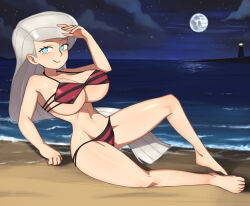 Rule 34 | 1girl, arm up, bare legs, barefoot, barleyshake, beach, bikini, blue eyes, breasts, cleavage, cloud, collarbone, commission, copyright request, full body, full moon, grey hair, highres, horizon, huge breasts, large breasts, lighthouse, long hair, looking at viewer, moon, navel, night, night sky, ocean, pixiv commission, red bikini, sand, shadow, sitting, sky, smile, solo, star (sky), starry sky, striped bikini, striped clothes, swimsuit, underboob, very long hair, water