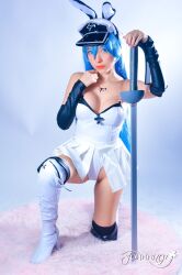 Rule 34 | 1girl, akame ga kill!, bare shoulders, blue eyes, blue hair, boots, breasts, cleavage, cosplay, esdeath, esdeath (cosplay), female focus, hat, high heel boots, high heels, highres, indoors, large breasts, long hair, looking at viewer, mexican (nationality), oz cosplay, photo (medium), rabbit ears, skirt, solo, tattoo, thighs, white background
