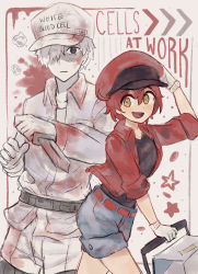 Rule 34 | 1boy, 1girl, :d, :|, ae-3803, ahoge, baseball cap, belt, black belt, black eyes, black shirt, blood, blood splatter, blood on clothes, border, box, cabbie hat, cardboard box, cart, closed mouth, collared shirt, colored skin, copyright name, empty eyes, fenori, gloves, graphite (medium), hair over one eye, hand on own head, hat, hataraku saibou, holding, holding knife, holding weapon, jacket, knife, looking at viewer, open mouth, pushing cart, red belt, red blood cell (hataraku saibou), red hair, red headwear, red jacket, shaded face, shirt, short hair, short shorts, shorts, smile, traditional media, u-1146, uniform, weapon, white blood cell (hataraku saibou), white gloves, white hair, white headwear, white skin, yellow eyes