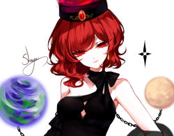 Rule 34 | 1girl, alternate costume, artist name, bare shoulders, black choker, black dress, breasts, chain, chinese commentary, choker, collarbone, commentary request, dress, earrings, earth (ornament), gem, hecatia lapislazuli, jewelry, looking at viewer, medium breasts, moon (ornament), parted lips, red eyes, red hair, ribbon choker, sheya, short hair, signature, simple background, single strap, smile, solo, touhou, upper body, white background