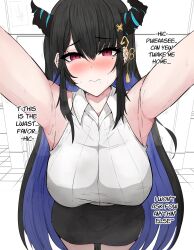 Rule 34 | 1girl, armpits, asymmetrical horns, bare shoulders, black hair, blue hair, blush, breasts, colored inner hair, demon horns, drunk, foreshortening, hair ornament, highres, hololive, hololive english, horns, large breasts, long hair, looking at viewer, mayoa, mole, mole under eye, multicolored hair, nerissa ravencroft, nerissa ravencroft (1st costume), outstretched arm, perspective, reaching, reaching towards viewer, red eyes, smile, solo, two-tone hair, uneven horns, virtual youtuber