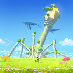 Rule 34 | bacteriophage (virus), blue flower, blue sky, brown footwear, brown pants, cloud, commentary, day, facing away, flower, flying whale, from behind, grass, highres, katou oswaldo, looking at object, orange flower, original, outdoors, oversized object, pants, pink flower, purple flower, scenery, signature, sky, virus, whale