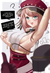 Rule 34 | 1boy, 1girl, ?, aether (genshin impact), aqua eyes, arm up, armpits, backless shirt, bare shoulders, belt, black gloves, blush, breasts, brooch, cabbie hat, charlotte (genshin impact), commentary request, english text, eroborne, genshin impact, gloves, hat, highres, hypnosis, jewelry, large breasts, looking at viewer, mind control, monocle, pink hair, red hat, red skirt, revision, shirt, short hair, sideboob, skirt, speech bubble, suspender skirt, suspenders, thumbs up, v-shaped eyebrows, white belt, white shirt