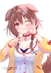 1girl, absurdres, animal collar, animal ears, bandeau, bangs, blue bow, blush, bone hair ornament, bow, braid, breasts, brown eyes, brown hair, buttons, closed mouth, collar, dog ears, dog girl, dog tail, dress, fingernails, frilled jacket, fukahire (ruinon), hair between eyes, hair ornament, hair over shoulder, hairclip, highres, hololive, inugami korone, jacket, long hair, looking at viewer, low-tied long hair, low twin braids, medium breasts, nail polish, off shoulder, one eye closed, open clothes, open jacket, paw print, pocket, red bow, red collar, smile, solo, tail, tied hair, twin braids, twintails, upper body, virtual youtuber, white dress, wristband, yellow jacket, yellow nails