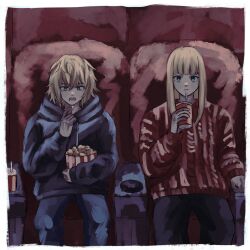 Rule 34 | 2boys, alternate costume, androgynous, blonde hair, blue eyes, brown eyes, can, canute, closed mouth, contemporary, drink can, drinking, drinking straw, eating, food, harumakijiro, highres, holding, holding food, hood, hoodie, looking at viewer, male focus, messy hair, movie theater, multiple boys, open mouth, pants, popcorn, shirt, sidelocks, sitting, soda can, thorfinn, vinland saga