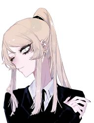 Rule 34 | 1girl, black jacket, black nails, black necktie, blonde hair, charlotte van halen, closed mouth, collared shirt, copyright request, ear piercing, earrings, eyelashes, fingernails, half-closed eye, highres, indie virtual youtuber, jacket, jewelry, long hair, looking at viewer, nail polish, necktie, piercing, ponytail, second-party source, shirt, solo, transparent background, upper body, virtual youtuber, white eyes, wing collar