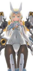 Rule 34 | 10s, 1girl, animal ears, arm at side, backlighting, bare shoulders, baselard, black pantyhose, blonde hair, breasts, closed mouth, clothing cutout, covered navel, elbow gloves, eyebrows, frame arms girl, frown, gloves, hand on own chest, headgear, highres, leotard, long hair, looking at viewer, mecha musume, navel cutout, pantyhose, rabbit ears, simple background, sleeveless, small breasts, solo, white background, white gloves, white leotard, yilan (z2256721), yilan un