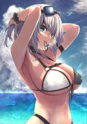Rule 34 | 1girl, absurdres, amane sora, armpits, arms behind head, arms up, bad id, bad twitter id, bikini, breasts, cleavage, commentary request, front-tie bikini top, front-tie top, goggles, goggles on head, green eyes, hair tie in mouth, highres, hololive, large breasts, mouth hold, navel, shirogane noel, shirogane noel (summer 2020), silver hair, solo, stomach, swimsuit, tying hair, underboob, upper body, virtual youtuber, wet, wrist cuffs