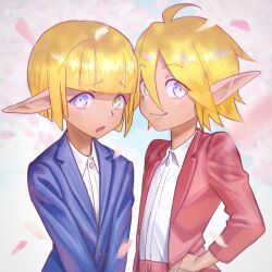 Rule 34 | 1boy, 1girl, ahoge, aura bella fiora, blonde hair, blue eyes, blue jacket, blunt bangs, brother and sister, closed mouth, collared shirt, commentary, cowboy shot, crossdressing, dark elf, elf, green eyes, hair between eyes, hand on own hip, heterochromia, highres, jacket, long sleeves, mare bello fiore, open mouth, overlord (maruyama), petals, pointy ears, red jacket, reverse trap, ryohhe, shirt, short hair, siblings, smile, tomboy, trap, white shirt