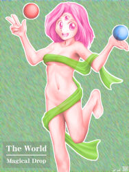 Rule 34 | 1girl, :d, breasts, character name, collarbone, copyright name, hair intakes, hands up, highres, leg up, magical drop, medium hair, minamoto80486, naked ribbon, navel, open mouth, outline, pink eyes, pink hair, ribbon, round teeth, small breasts, smile, solo, standing, standing on one leg, teeth, third eye, upper teeth only, white outline, world (magical drop)