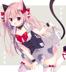 Rule 34 | 1girl, :d, animal ears, bare shoulders, black footwear, blush, bow, breasts, cat ears, cat girl, cat tail, cleavage, commentary request, fang, grey skirt, hair between eyes, hair bow, izumiyuhina, light brown hair, long hair, looking at viewer, mimiket, open mouth, original, red bow, red eyes, shoes, skirt, skirt hold, small breasts, smile, solo, striped, tail, tail raised, thighhighs, two side up, underbust, vertical stripes, very long hair, white thighhighs, wrist cuffs
