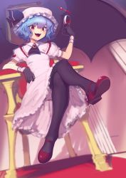Rule 34 | 1girl, absurdres, alcohol, alternate color, ascot, bat wings, black ascot, black gloves, black pantyhose, black ribbon, black wings, bloomers, blue hair, blurry, blush, boa (brianoa), bright pupils, brooch, column, commentary, crossed legs, cup, dress, drinking glass, elbow rest, english commentary, frilled dress, frilled hat, frilled shirt collar, frills, from below, full body, gloves, hand up, hat, hat ribbon, highres, holding, holding cup, indoors, jewelry, looking at viewer, mary janes, mob cap, open mouth, pantyhose, picture frame, pillar, pink dress, puffy short sleeves, puffy sleeves, red eyes, red footwear, remilia scarlet, ribbon, shoes, short hair, short sleeves, sidelocks, sitting, smile, solo, spread wings, teeth, throne, touhou, underwear, unfinished, upper teeth only, upskirt, wavy hair, white pupils, wine, wine glass, wings