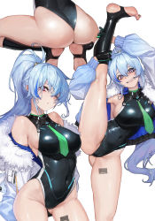 Rule 34 | 1girl, ;&lt;, ass, barcode, barcode tattoo, bare shoulders, black gloves, black one-piece swimsuit, black socks, blue hair, blush, breasts, cameltoe, closed mouth, coat, competition swimsuit, ephnel, fur-trimmed coat, fur trim, gloves, gluteal fold, green neckwear, groin, highres, impossible clothes, impossible swimsuit, kneehighs, large breasts, leg tattoo, long sleeves, looking at viewer, multiple views, necktie, off shoulder, one-piece swimsuit, open clothes, open coat, ponytail, purple eyes, sideboob, simple background, socks, soulworker, split, spread legs, squatting, standing, standing on one leg, standing split, stirrup legwear, swimsuit, tattoo, thighs, toeless legwear, tunamayo (dsasd751), white background, white coat
