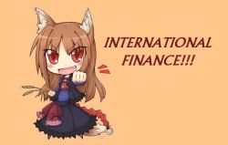 Rule 34 | 1girl, animal ears, blush, brown hair, chibi, english text, fang, holo, long hair, looking at viewer, open mouth, orange background, red eyes, simple background, smile, solo, spice and wolf, tail, wolf ears, wolf girl, wolf tail