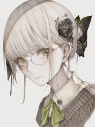 Rule 34 | 1girl, absurdres, black flower, black ribbon, blunt bangs, bow, bowtie, buttons, collared shirt, cropped shoulders, flower, glasses, gradient background, green bow, green bowtie, grey background, hair flower, hair ornament, hair ribbon, highres, hito komoru, looking at viewer, original, parted lips, portrait, ribbon, shirt, short hair, simple background, solo, star (symbol), star hair ornament, yellow eyes