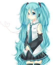 Rule 34 | 1girl, aqua eyes, aqua hair, bad id, bad pixiv id, detached sleeves, female focus, gradient background, hatsune miku, headphones, heart, long hair, necktie, simple background, skirt, solo, somiko, thighhighs, twintails, very long hair, vocaloid, white background