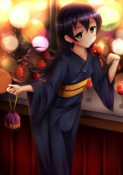 Rule 34 | 1girl, absurdres, blue hair, blue kimono, candy apple, commentary request, food, hair between eyes, highres, japanese clothes, jk-ff, kimono, kinchaku, long hair, love live!, love live! school idol festival, love live! school idol project, night, pouch, smile, solo, sonoda umi, summer festival, wide sleeves, yellow eyes, yukata