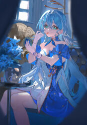 Rule 34 | 1girl, absurdres, aqua eyes, asymmetrical gloves, bare shoulders, blue dress, blue hair, commentary, cosmetics, detached sleeves, dress, earrings, feet out of frame, gloves, halo, hands up, head wings, highres, holding, holding lipstick tube, holding mirror, honkai: star rail, honkai (series), iinagi (kashiwa keira), indoors, jewelry, lipstick, lipstick tube, long hair, looking at viewer, makeup, mirror, parted lips, robin (honkai: star rail), short sleeves, sitting, solo, strapless, strapless dress, teapot, two-tone dress, uneven gloves, white dress, white gloves, white wings, window, wings
