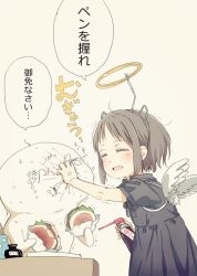 Rule 34 | 1girl, :d, anger vein, ano ko wa toshi densetsu, black dress, blush, brown hair, burger, closed eyes, commentary request, dress, face grab, facing another, fake halo, fake horns, fake wings, food, gomennasai, grey background, halo, holding, holding food, horns, inkwell, open mouth, puffy short sleeves, puffy sleeves, short sleeves, simple background, smile, translation request, white wings, wings, zangyaku-san