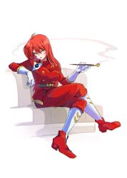 Rule 34 | 1girl, abiko yuuji, breasts, closed mouth, commentary request, couch, crossed legs, eyeliner, full body, fushigi no umi no nadia, gloves, grandis granva, highres, long hair, looking at viewer, makeup, medium breasts, red hair, red lips, simple background, sitting, smoking pipe, solo, uniform, white background, white gloves