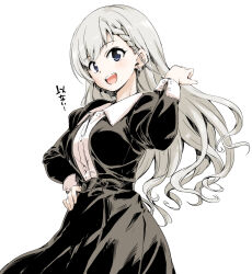 Rule 34 | 1girl, :d, black dress, blue eyes, dress, earrings, floating hair, grey hair, hamao, idolmaster, idolmaster cinderella girls, jewelry, large pectorals, long hair, long sleeves, looking at viewer, open mouth, pectorals, simple background, smile, standing, teeth, translation request, upper teeth only, white background