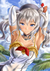 Rule 34 | 10s, 1girl, adapted costume, alternate costume, anchor choker, armpits, arms behind head, beret, blue eyes, cloud, cloudy sky, collarbone, day, elbow gloves, gloves, hat, kantai collection, kashima (kancolle), kasugano tobari, long hair, looking at viewer, silver hair, sky, smile, solo, tan, tanline, white gloves