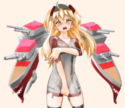 Rule 34 | 1girl, admiral hipper (azur lane), azur lane, blonde hair, blush, bodypaint, breasts, covering privates, covering breasts, covering crotch, embarrassed, green eyes, gun, looking at viewer, painted clothes, pompmaker1, rigging, solo, tsurime, turret, two side up, v, weapon