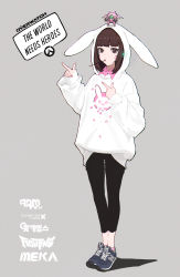 Rule 34 | 1girl, animal ears, animal hood, black socks, blunt bangs, brown eyes, brown hair, casual, closed mouth, collared shirt, d.va (overwatch), english text, facial mark, food, full body, grey background, highres, hood, hood up, hoodie, logo, mecha, meka (overwatch), nail polish, nishikawa eito, object on head, overwatch, overwatch 1, pink nails, pocky, pointing, rabbit ears, rabbit hood, robot, shirt, shoes, sneakers, socks, solo, standing, whisker markings, white hoodie