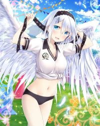Rule 34 | 1girl, :d, angel wings, black hairband, black panties, blue eyes, blush, bow, breasts, cleavage, collarbone, cowboy shot, falkyrie no monshou, feathered wings, feathers, groin, hair bow, hairband, highres, looking at viewer, medium breasts, midriff, navel, open mouth, panties, shirt, short hair, short sleeves, silver hair, smile, solo, sparkle, stomach, tied shirt, underwear, white feathers, white shirt, white wings, wings