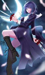 Rule 34 | 1girl, absurdres, ahoge, ass, bad id, bad pixiv id, between fingers, black footwear, black keys (type-moon), blue dress, blue eyes, blue hair, blurry, bob cut, boots, breasts, ciel (tsukihime), crescent moon, cross, cross-laced footwear, cross necklace, depth of field, dress, dual wielding, floating, from side, frown, glint, hand up, high heel boots, high heels, highres, holding, holding weapon, jewelry, knee boots, knee up, koujiro (kouziro 1), lace-up boots, long sleeves, looking at viewer, moon, necklace, night, outdoors, solo, tsukihime, weapon