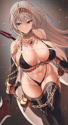 Rule 34 | 1girl, absurdres, bare shoulders, bikini, black bikini, black gloves, black thighhighs, blue eyes, breasts, chain, cleavage, collarbone, commentary, earrings, elbow gloves, english commentary, fate/grand order, fate (series), feet out of frame, gloves, gradient background, highres, holding, holding weapon, jewelry, kook, large breasts, light brown hair, long hair, navel, necklace, parted lips, sideboob, solo, stomach, swimsuit, thighhighs, thighs, underboob, weapon, zenobia (fate)
