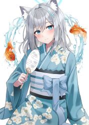 Rule 34 | 1girl, animal, animal ear fluff, animal ears, blue archive, blue eyes, blue kimono, blush, closed mouth, cross hair ornament, extra ears, fish, floral print, goldfish, grey hair, hair ornament, hand fan, highres, holding, holding fan, japanese clothes, kim leeyoon, kimono, long sleeves, looking at viewer, medium hair, obi, paper fan, print kimono, sash, shiroko (blue archive), simple background, smile, solo, uchiwa, water, white background, wide sleeves, wolf ears