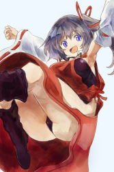 Rule 34 | 1girl, alternate costume, armpits, blue eyes, boots, breasts, cosplay, detached sleeves, hair ribbon, large breasts, leotard, looking at viewer, m.u.g.e.n, mononobe no futo, open mouth, outstretched arms, panties, pantyshot, ribbon, sendai hakurei no miko, sendai hakurei no miko (cosplay), side ponytail, silver hair, smile, solo, touhou, underwear, wide sleeves, yohane
