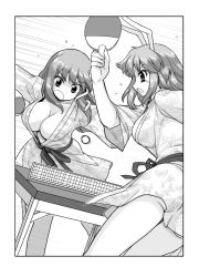 Rule 34 | 2girls, alternate costume, animal ears, ass, bad id, bad pixiv id, breasts, bursting breasts, cleavage, collarbone, female focus, frog hair ornament, greyscale, hair ornament, japanese clothes, kimono, kochiya sanae, large breasts, long sleeves, mono (moiky), monochrome, multiple girls, open mouth, rabbit ears, reisen udongein inaba, snake hair ornament, sweatdrop, table, table tennis, touhou, wide sleeves, yukata