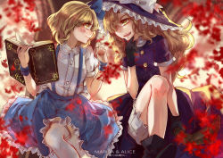 Rule 34 | 2girls, absurdres, aili (aliceandoz), alice margatroid, alice margatroid (pc-98), alternate eye color, black footwear, black gloves, blonde hair, bloomers, blue skirt, blurry, blush, book, boots, bow, copyright name, depth of field, dress, frilled hat, frilled skirt, frills, gloves, grimoire of alice, hair over one eye, hand on own chin, hand up, hat, hat bow, highres, kirisame marisa, kirisame marisa (pc-98), long hair, looking at another, multiple girls, open book, open mouth, pout, purple dress, purple skirt, shirt, short sleeves, skirt, smirk, suspenders, thighhighs, touhou, touhou (pc-98), tree, underwear, white legwear, white shirt, witch hat, wristband, yellow eyes