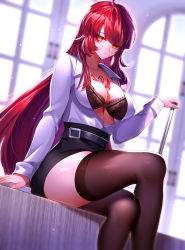 Rule 34 | 1girl, absurdres, ahoge, been, belt, belt buckle, black belt, black bra, black skirt, black thighhighs, bloody queen (elsword), blurry, blurry background, bra, breasts, buckle, cleavage, closed mouth, collared shirt, crossed legs, dutch angle, elesis (elsword), elsword, high-waist skirt, highres, holding, indoors, lace, lace-trimmed bra, lace trim, large breasts, long hair, looking at viewer, medium breasts, miniskirt, open clothes, open shirt, orange eyes, pencil skirt, red hair, shiny clothes, shiny legwear, shiny skin, shirt, sitting, skirt, solo, thighhighs, underwear, very long hair, white shirt, wing collar, zettai ryouiki