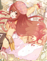 Rule 34 | 1girl, bag, beret, brick floor, coat, eyelashes, frills, from above, from behind, hat, highres, holding, holding bag, idolmaster, idolmaster shiny colors, lamppost, looking at viewer, official alternate costume, osaki amana, outstretched arms, plaid headwear, raichita, railing, red hair, shopping bag, smile, solo, spread arms, yellow coat, yellow eyes