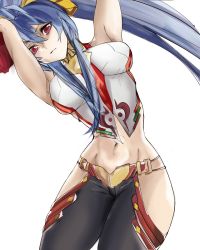 Rule 34 | 1girl, antenna hair, armpits, arms up, backless outfit, bare shoulders, black pants, blazblue, blazblue: central fiction, blazblue variable heart, blue hair, bontomu, bow, breasts, closed mouth, cowboy shot, frown, genderswap, genderswap (mtf), hair between eyes, hair bow, halterneck, highres, large breasts, leaning to the side, long hair, looking at viewer, lowleg, lowleg pants, mai natsume, midriff, navel, no bra, no panties, pants, ponytail, purple eyes, revealing clothes, ribbon, sideboob, sidelocks, simple background, solo, thighs, very long hair, white background, yellow bow