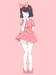 1girl animification black_hair bow closed_eyes disney dress full_body gloves hair_bow happy humanization linlotu looking_at_viewer minnie_mouse open_mouth polka_dot short_hair smile solo white_gloves